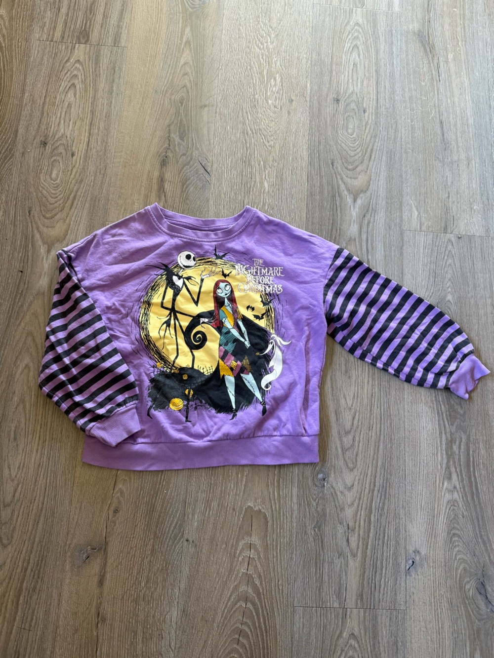 H&M Purple Nightmare Before Christmas Graphic Sweatshirt with Striped Sleeves